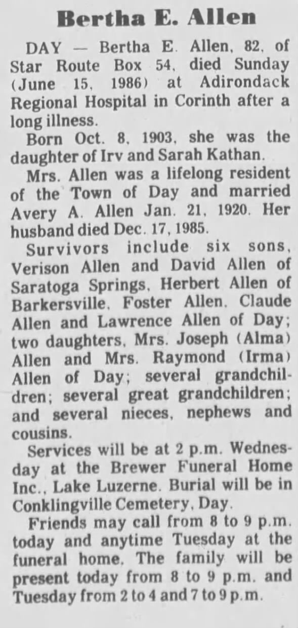 Obituary for Bertha E. Allen, 1903-1986 (Aged 82)